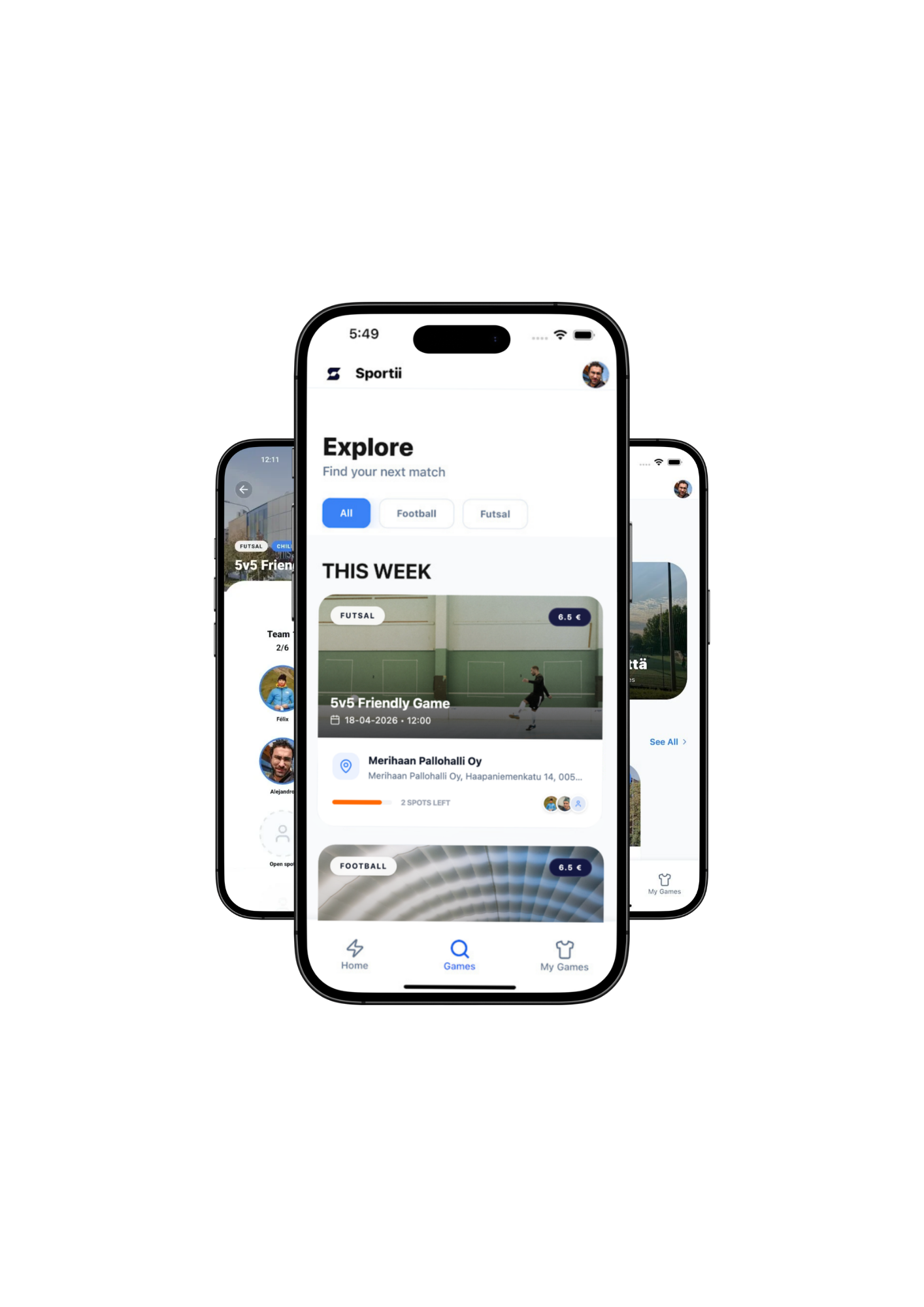 Sportii app showing football and futsal pickup games in Helsinki
